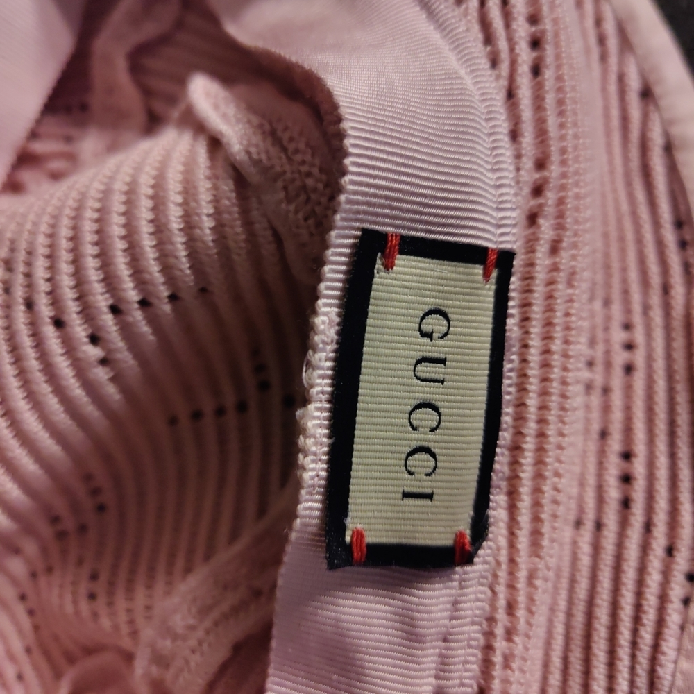 Gucci Knitted Crochet Malibu GG Fabric Leather Bucket Hat Pink XL 59 cm New - Picture 4 of 8